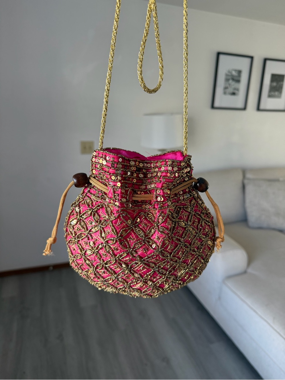 Vibrant Pink & Gold Hand-Beaded Indian Bag ๐บ